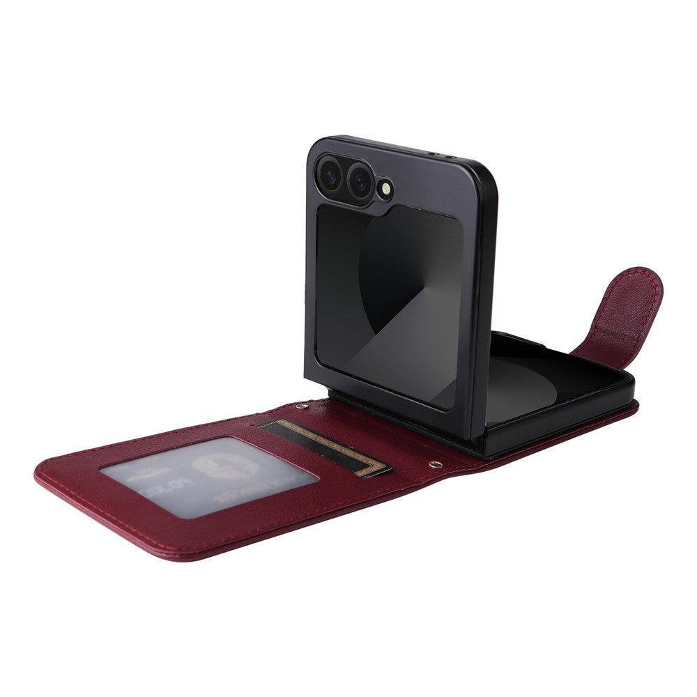 For Samsung Galaxy Z Flip7 FE 5G / Z Flip6 5G Case PU Leather Card Holder Folding Phone Cover - Wine Red