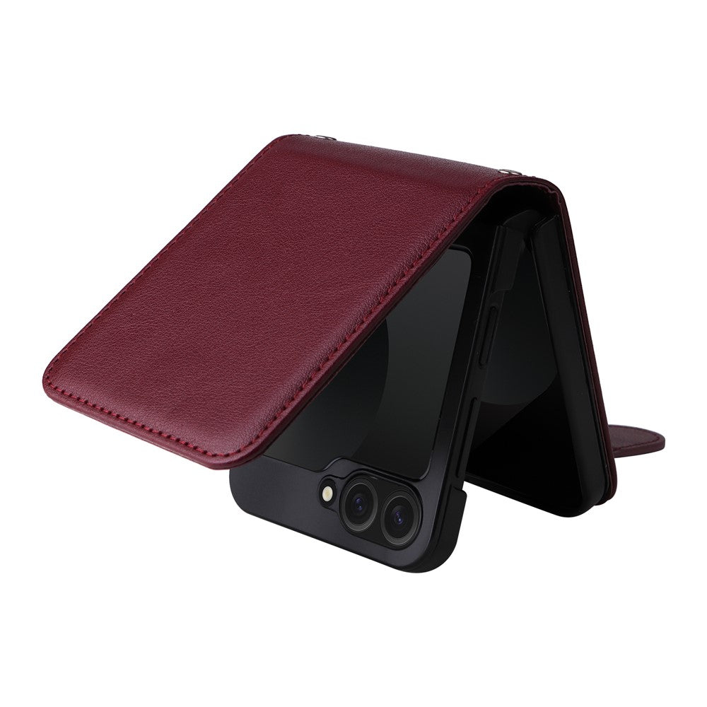 For Samsung Galaxy Z Flip7 FE 5G / Z Flip6 5G Case PU Leather Card Holder Folding Phone Cover - Wine Red