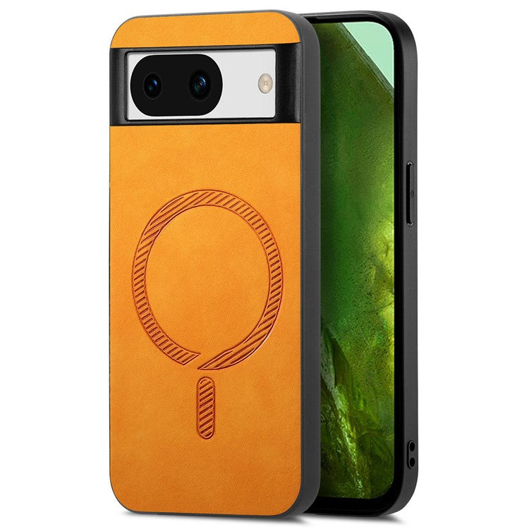 For Google Pixel 8a Leather Back Case Compatible with MagSafe Skin-touch Phone Cover - Yellow