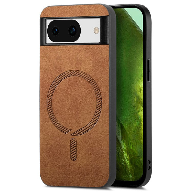 For Google Pixel 8a Leather Back Case Compatible with MagSafe Skin-touch Phone Cover - Brown