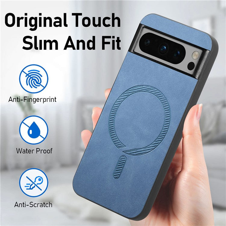 For Google Pixel 8 Pro Leather Back Case Compatible with MagSafe Skin-touch Phone Cover - Blue