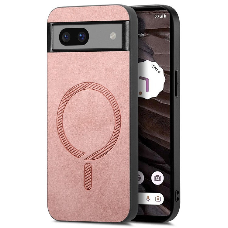 For Google Pixel 7a Leather Back Case Compatible with MagSafe Skin-touch Phone Cover - Pink