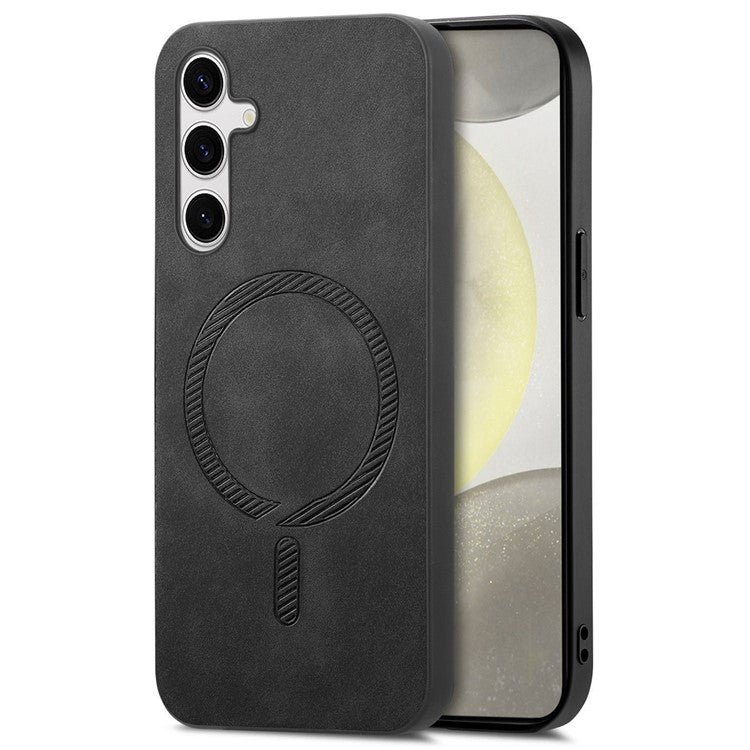 For Samsung Galaxy S24+ Leather Back Case Compatible with MagSafe Skin-touch Phone Cover - Black