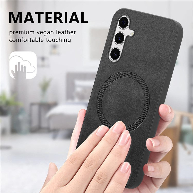 For Samsung Galaxy S24+ Leather Back Case Compatible with MagSafe Skin-touch Phone Cover - Black