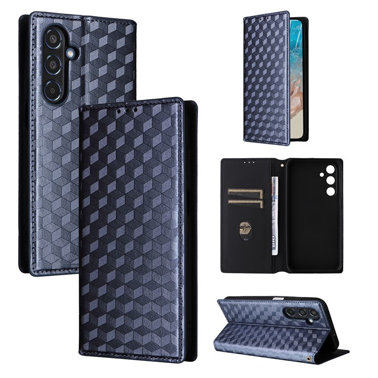 For Samsung Galaxy M35 5G Leather Case Magnetic Closing Rhombus Phone Cover - Blue