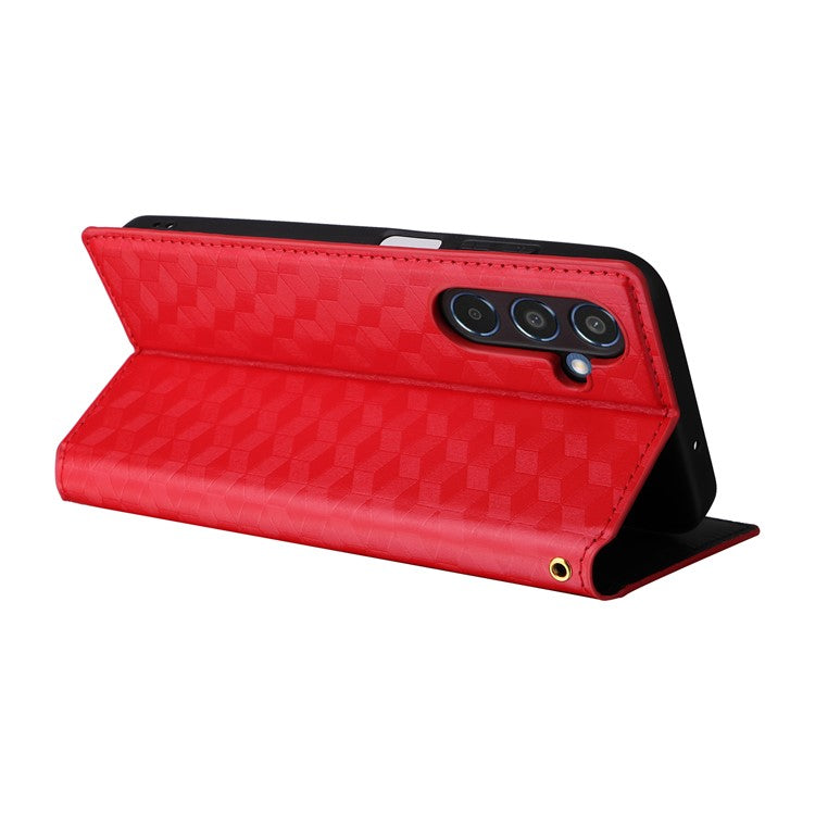 For Samsung Galaxy M35 5G Leather Case Magnetic Closing Rhombus Phone Cover - Red