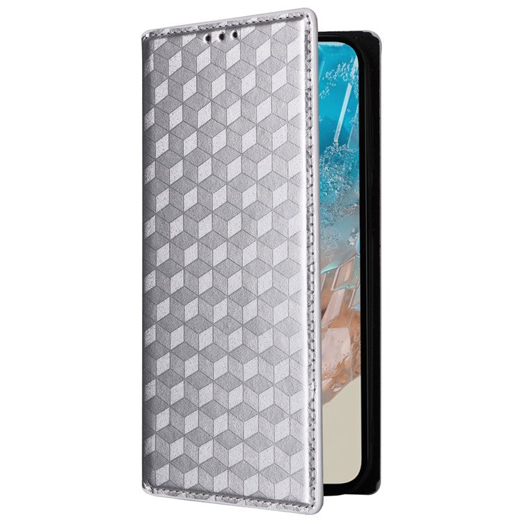 For Samsung Galaxy M35 5G Leather Case Magnetic Closing Rhombus Phone Cover - Silver