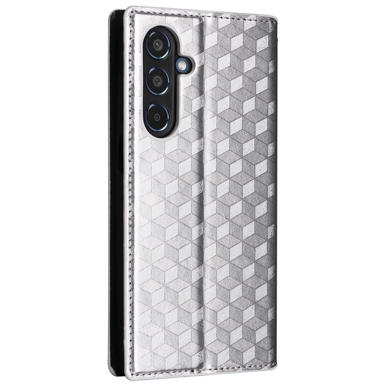 For Samsung Galaxy M35 5G Leather Case Magnetic Closing Rhombus Phone Cover - Silver
