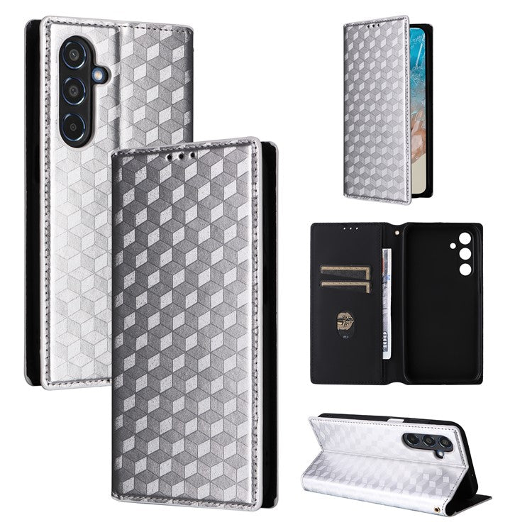 For Samsung Galaxy M35 5G Leather Case Magnetic Closing Rhombus Phone Cover - Silver