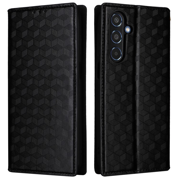 For Samsung Galaxy M35 5G Leather Case Magnetic Closing Rhombus Phone Cover - Black