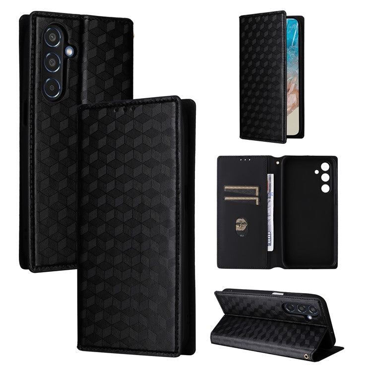 For Samsung Galaxy M35 5G Leather Case Magnetic Closing Rhombus Phone Cover - Black