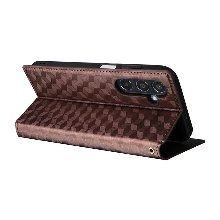 For Samsung Galaxy M35 5G Leather Case Magnetic Closing Rhombus Phone Cover - Brown