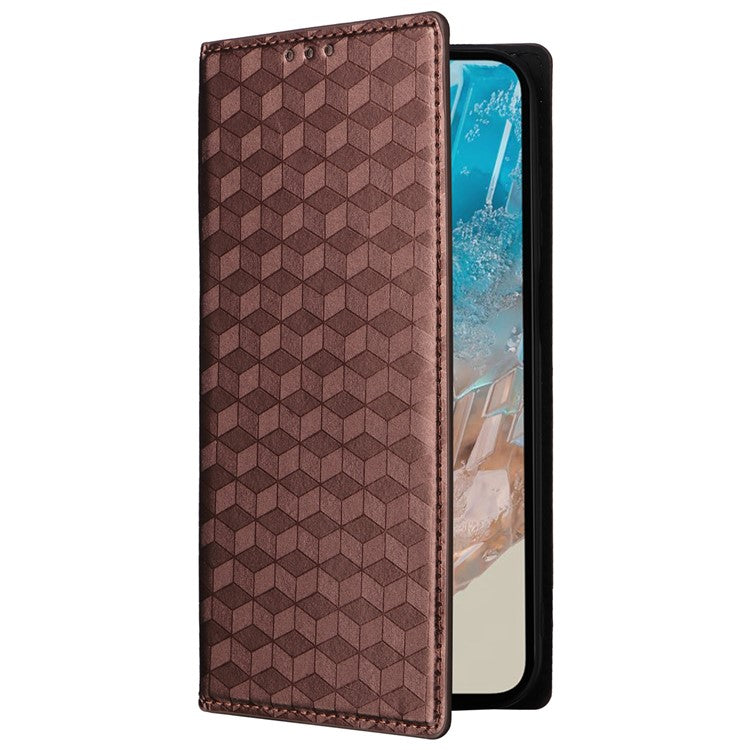 For Samsung Galaxy M35 5G Leather Case Magnetic Closing Rhombus Phone Cover - Brown