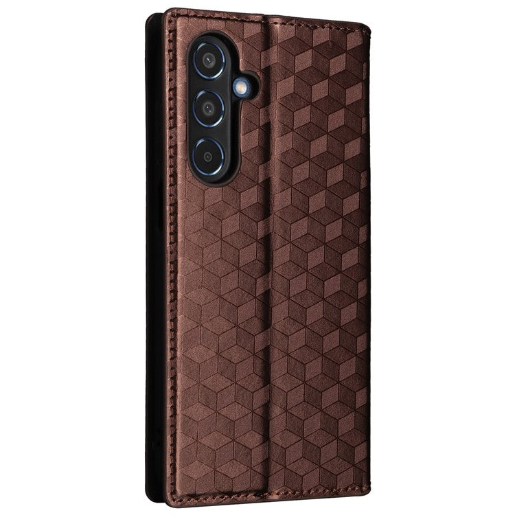 For Samsung Galaxy M35 5G Leather Case Magnetic Closing Rhombus Phone Cover - Brown
