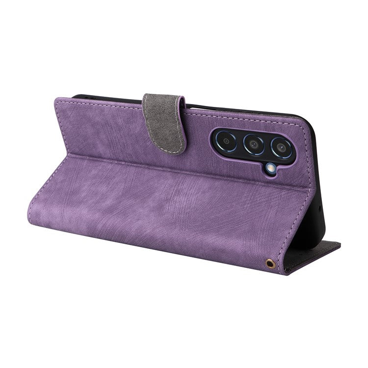 For Samsung Galaxy M35 5G Case with Strap RFID Blocking Leather Flip Phone Cover - Purple