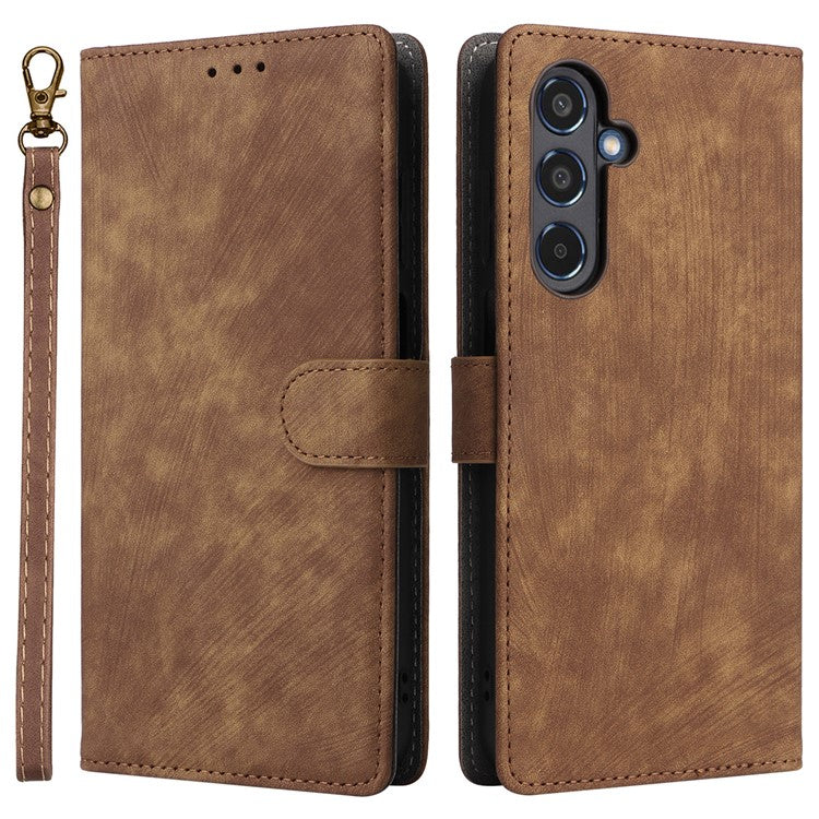 For Samsung Galaxy M35 5G Case with Strap RFID Blocking Leather Flip Phone Cover - Brown