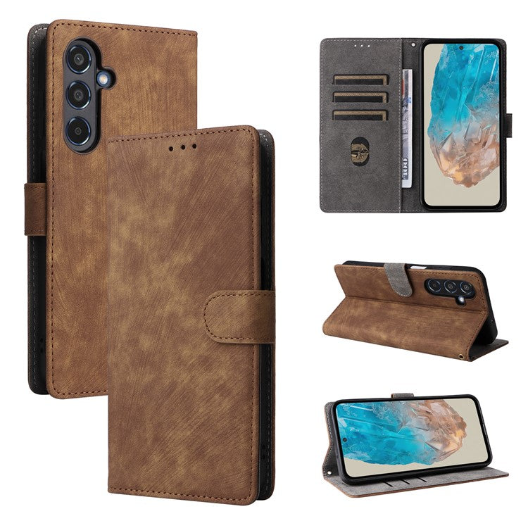 For Samsung Galaxy M35 5G Case with Strap RFID Blocking Leather Flip Phone Cover - Brown