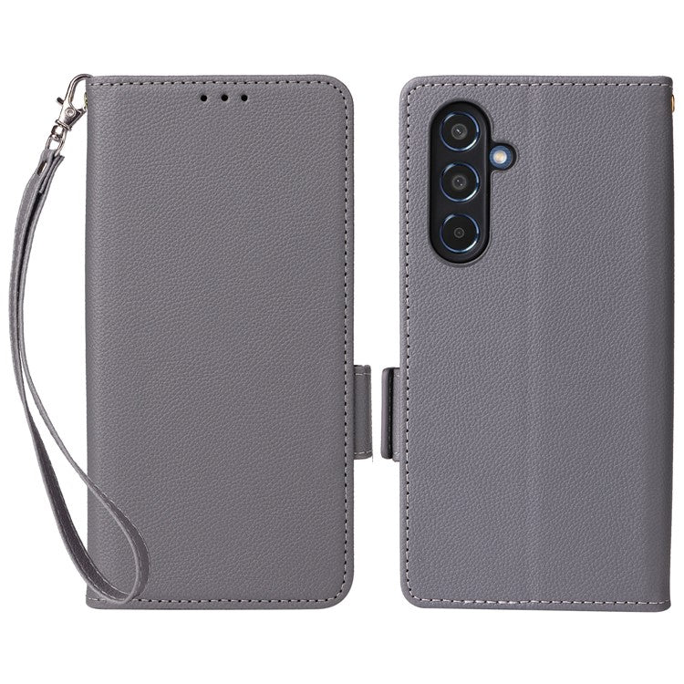For Samsung Galaxy M35 5G Case with Wrist Strap Litchi Texture PU Leather Wallet Phone Cover - Grey