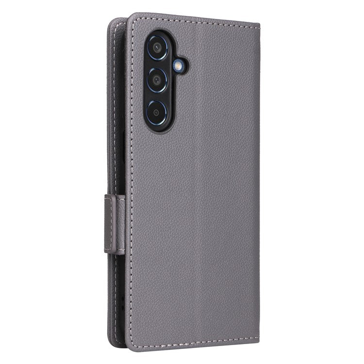 For Samsung Galaxy M35 5G Case with Wrist Strap Litchi Texture PU Leather Wallet Phone Cover - Grey
