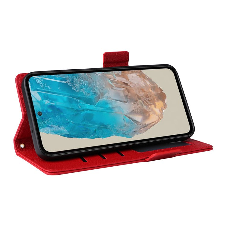 For Samsung Galaxy M35 5G Case with Wrist Strap Litchi Texture PU Leather Wallet Phone Cover - Red