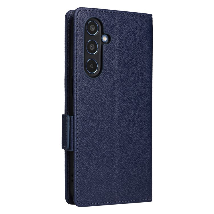 For Samsung Galaxy M35 5G Case with Wrist Strap Litchi Texture PU Leather Wallet Phone Cover - Dark Blue