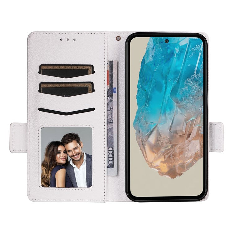 For Samsung Galaxy M35 5G Case with Wrist Strap Litchi Texture PU Leather Wallet Phone Cover - White