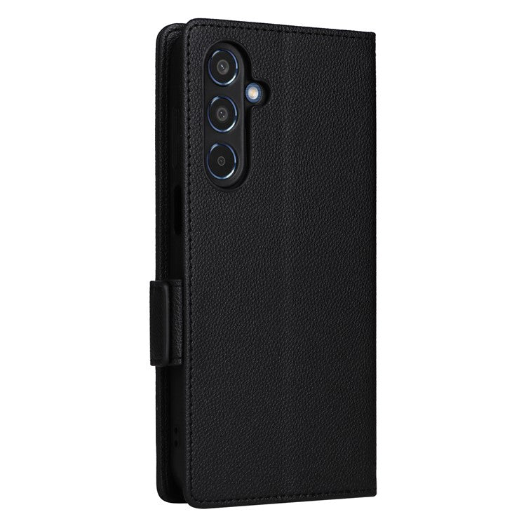 For Samsung Galaxy M35 5G Case with Wrist Strap Litchi Texture PU Leather Wallet Phone Cover - Black