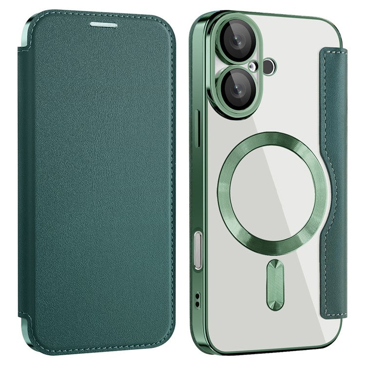 For iPhone 16 Magnetic Case RFID Blocking Leather Phone Cover - Blackish Green