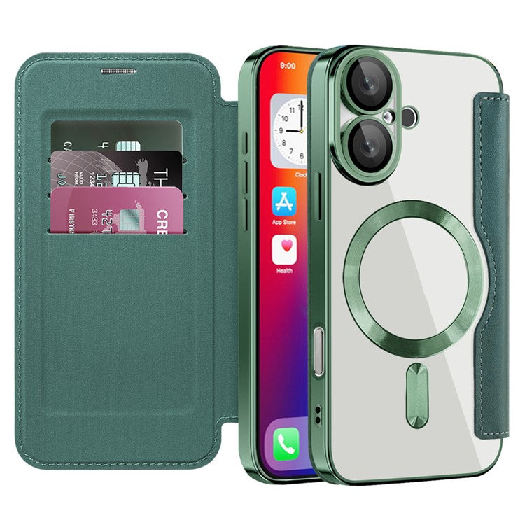 For iPhone 16 Magnetic Case RFID Blocking Leather Phone Cover - Blackish Green
