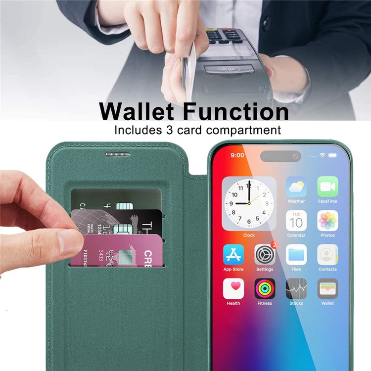 For iPhone 16 Magnetic Case RFID Blocking Leather Phone Cover - Blackish Green