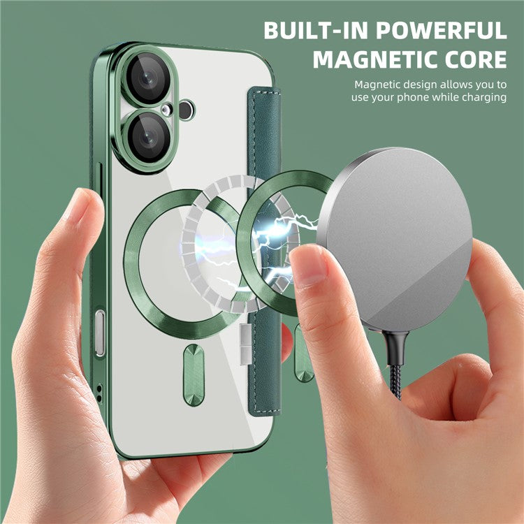 For iPhone 16 Magnetic Case RFID Blocking Leather Phone Cover - Blackish Green