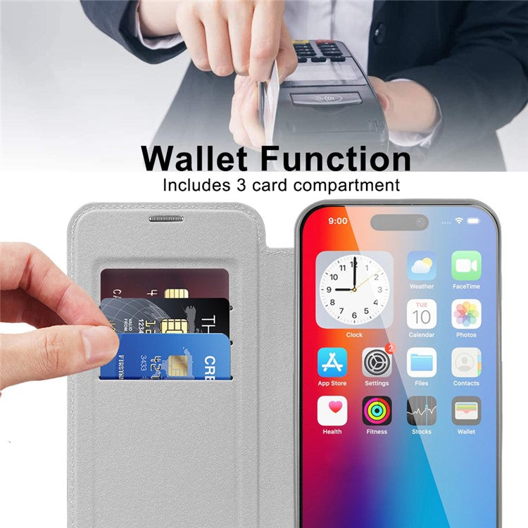 For iPhone 16 Magnetic Case RFID Blocking Leather Phone Cover - Titanium Grey