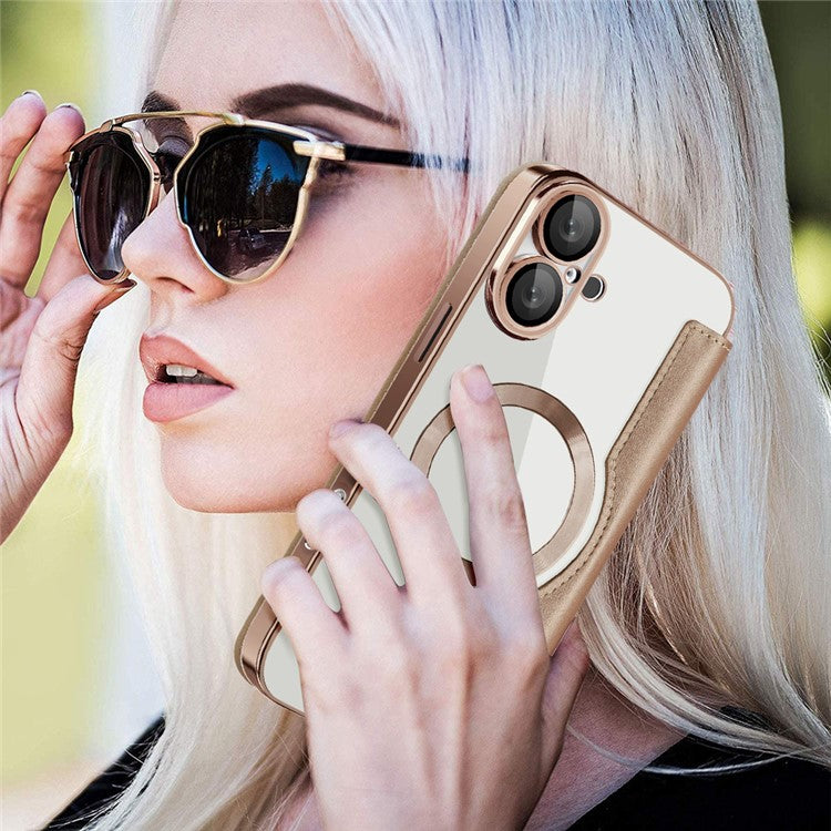For iPhone 16 Plus Case Compatible with MagSafe RFID Blocking Leather Phone Cover - Gold
