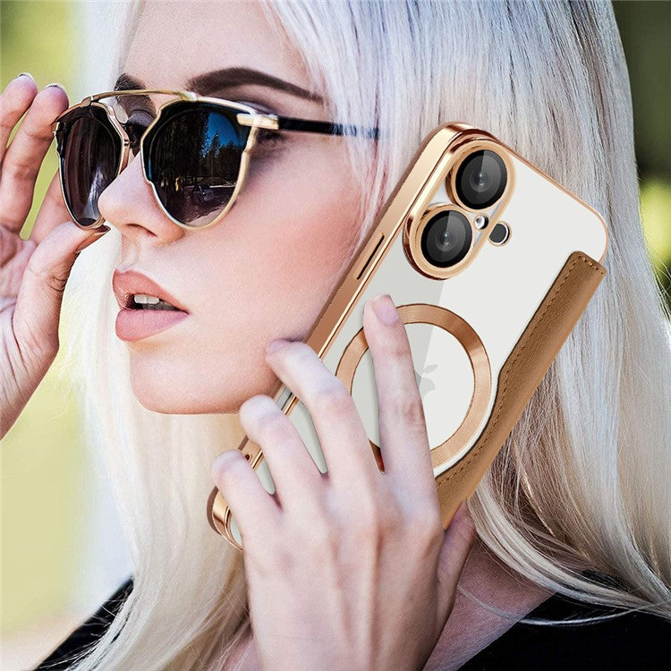 For iPhone 16 Plus Case Compatible with MagSafe Rhombus PU Leather Phone Cover - Gold