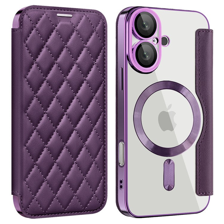 For iPhone 16 Plus Case Compatible with MagSafe Rhombus PU Leather Phone Cover - Purple