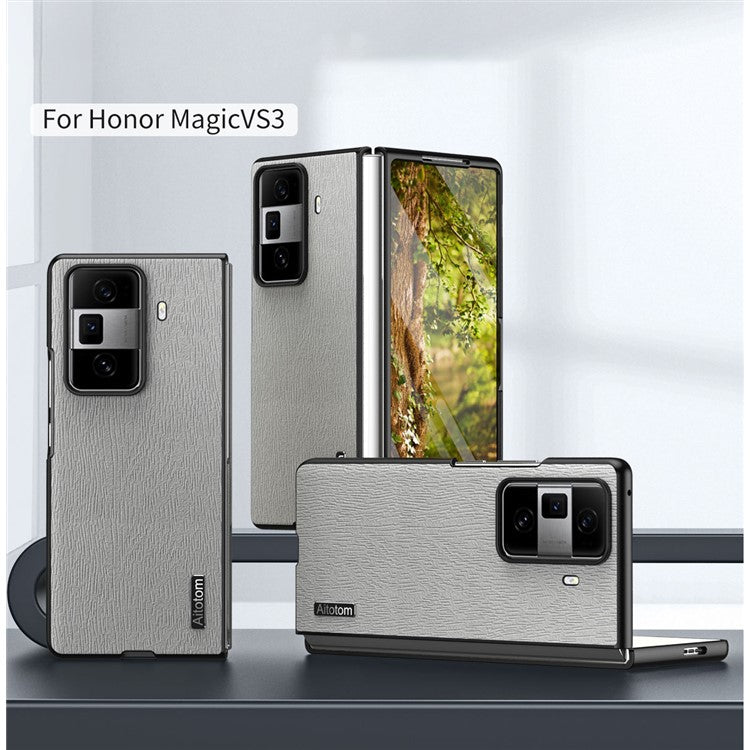 For Honor Magic Vs3 5G Case PU Leather+PC+TPU Back Phone Cover Wood Texture - Grey