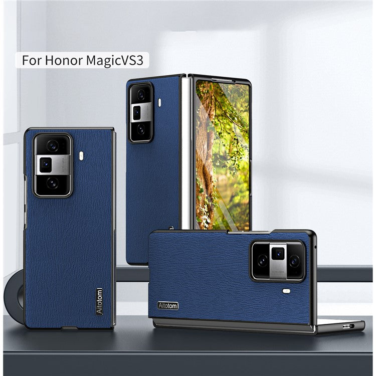 For Honor Magic Vs3 5G Case PU Leather+PC+TPU Back Phone Cover Wood Texture - Blue