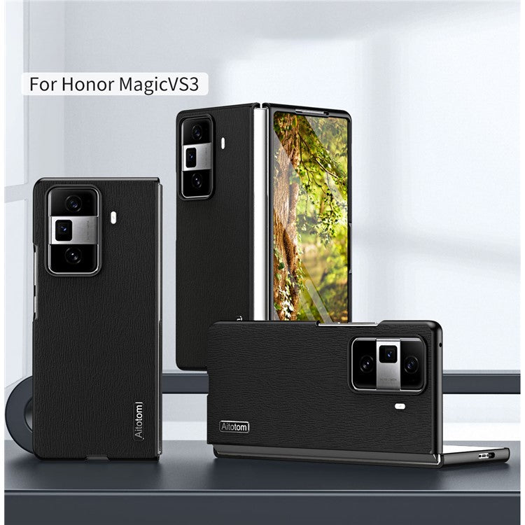 For Honor Magic Vs3 5G Case PU Leather+PC+TPU Back Phone Cover Wood Texture - Black