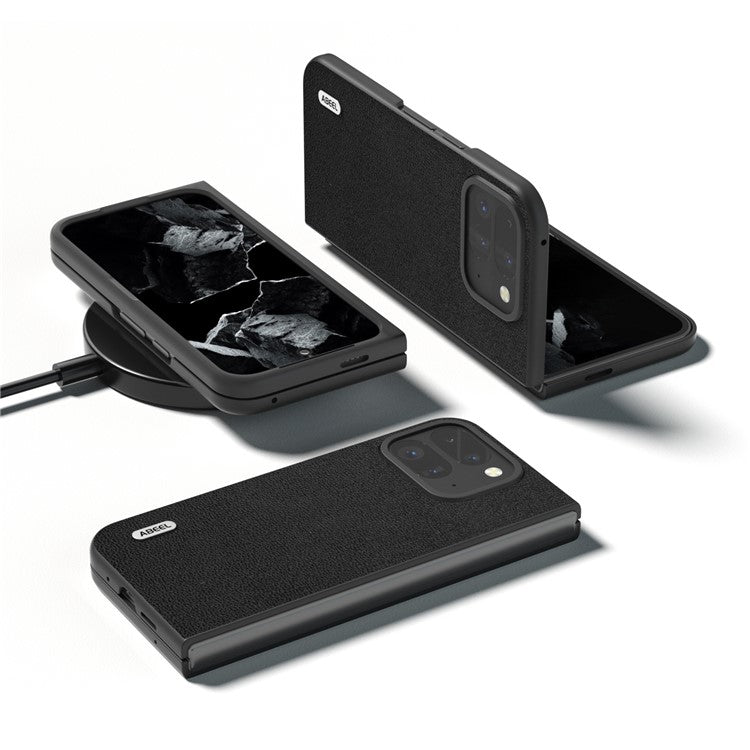 ABEEL For Google Pixel 9 Pro Fold 5G Case Genuine Cow Leather+PC Mobile Phone Cover - Black