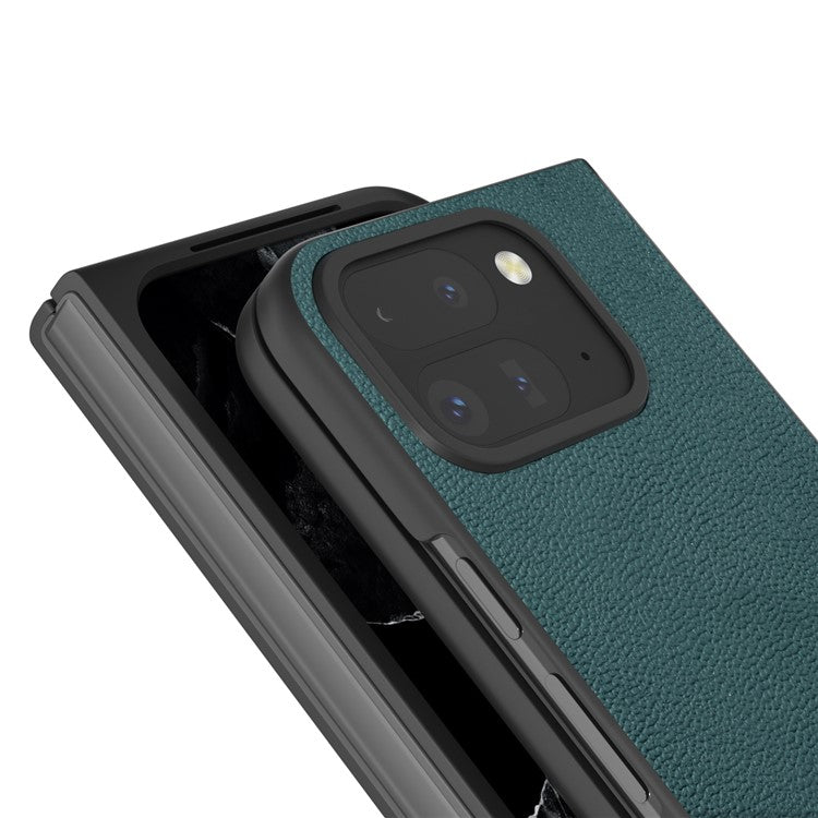 ABEEL For Google Pixel 9 Pro Fold 5G Case Genuine Cow Leather+PC Mobile Phone Cover - Midnight Green