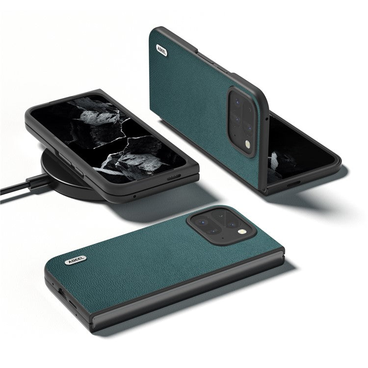 ABEEL For Google Pixel 9 Pro Fold 5G Case Genuine Cow Leather+PC Mobile Phone Cover - Midnight Green