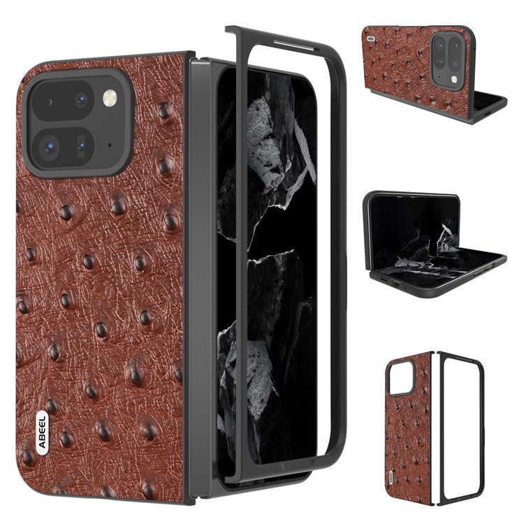 ABEEL For Google Pixel 9 Pro Fold 5G Case Genuine Cow Leather+PC Phone Cover Ostrich Texture - Coffee