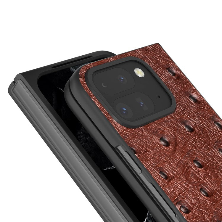 ABEEL For Google Pixel 9 Pro Fold 5G Case Genuine Cow Leather+PC Phone Cover Ostrich Texture - Coffee