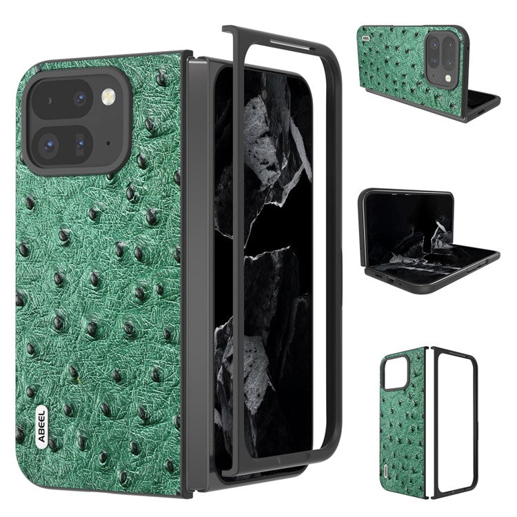 ABEEL For Google Pixel 9 Pro Fold 5G Case Genuine Cow Leather+PC Phone Cover Ostrich Texture - Green