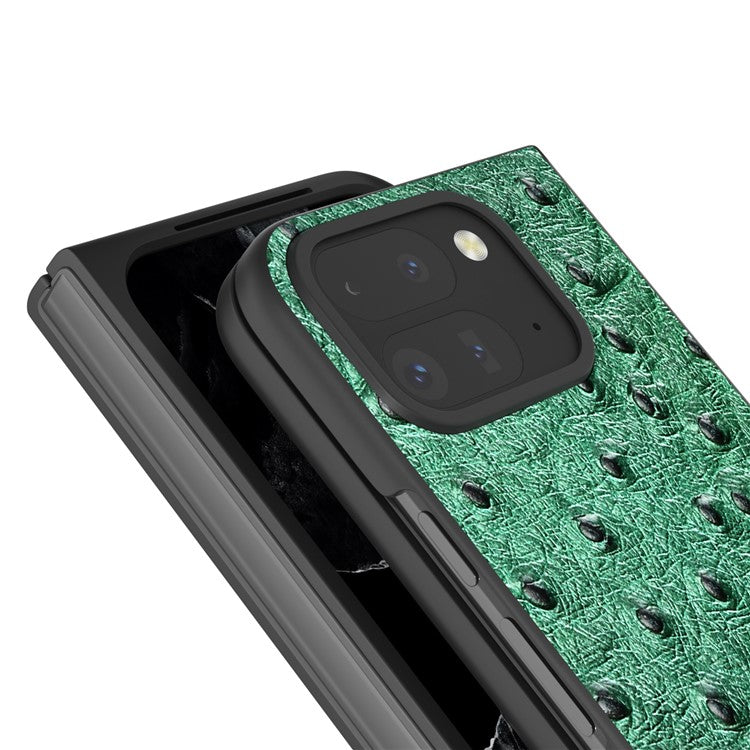 ABEEL For Google Pixel 9 Pro Fold 5G Case Genuine Cow Leather+PC Phone Cover Ostrich Texture - Green
