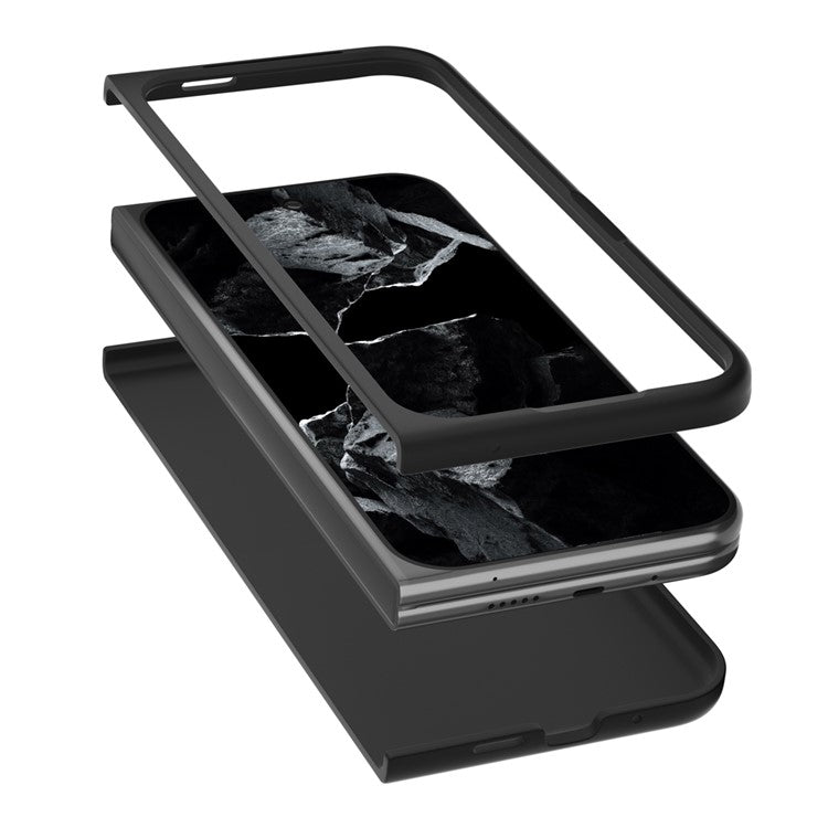 ABEEL For Google Pixel 9 Pro Fold 5G Case Genuine Cow Leather+PC Phone Cover Ostrich Texture - Black