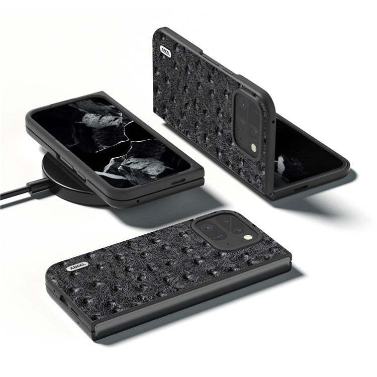 ABEEL For Google Pixel 9 Pro Fold 5G Case Genuine Cow Leather+PC Phone Cover Ostrich Texture - Black