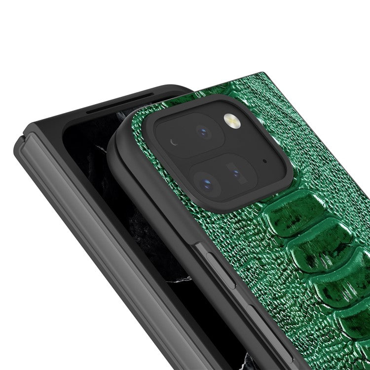 ABEEL For Google Pixel 9 Pro Fold 5G Case Crocodile Texture Genuine Cow Leather+PC Phone Cover - Green