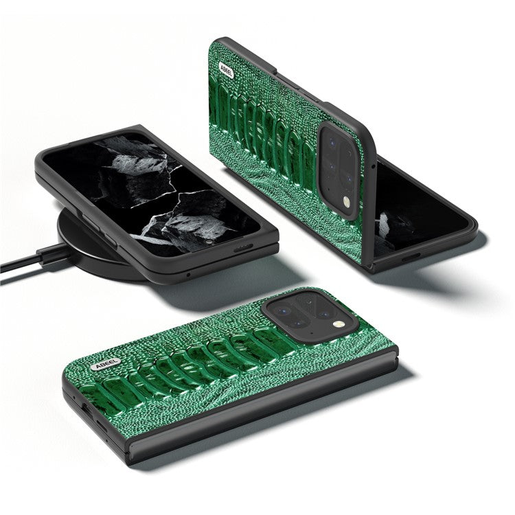 ABEEL For Google Pixel 9 Pro Fold 5G Case Crocodile Texture Genuine Cow Leather+PC Phone Cover - Green