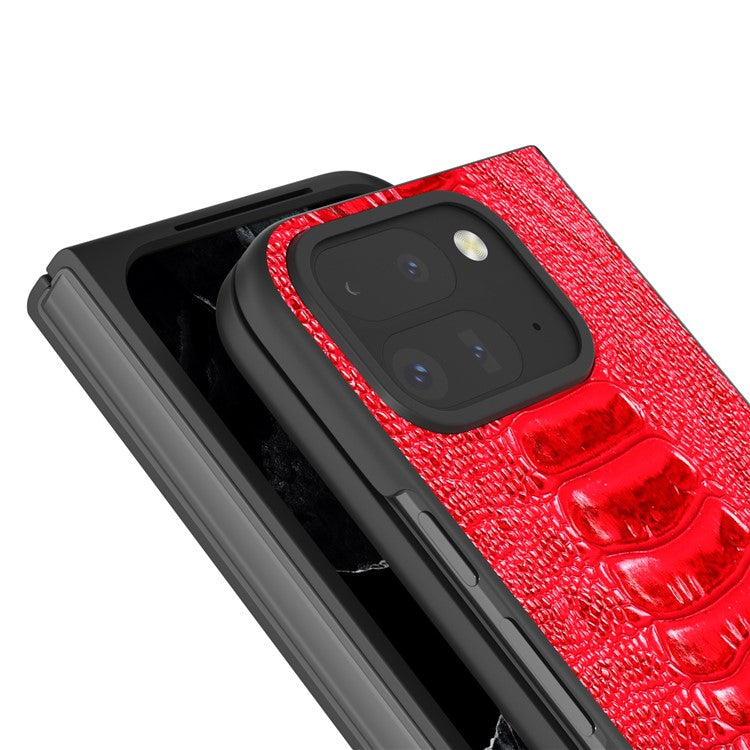 ABEEL For Google Pixel 9 Pro Fold 5G Case Crocodile Texture Genuine Cow Leather+PC Phone Cover - Red